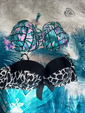 Shade & Shore Teal, Pink Tropical & Black, White Animal Print Bikini Tops